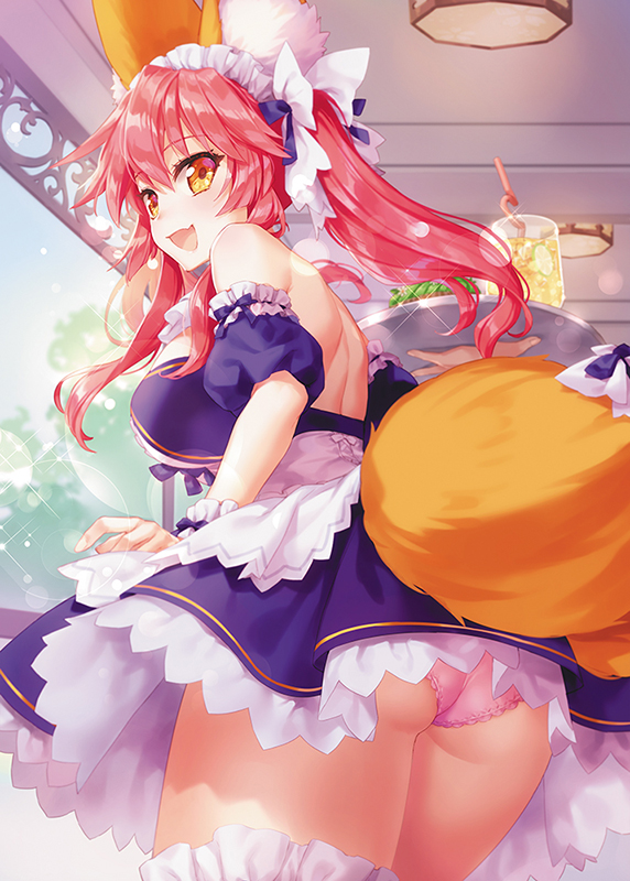 1girl, alternate_costume, animal_ear_fluff, animal_ears, apron, ass, bangs, bare_shoulders