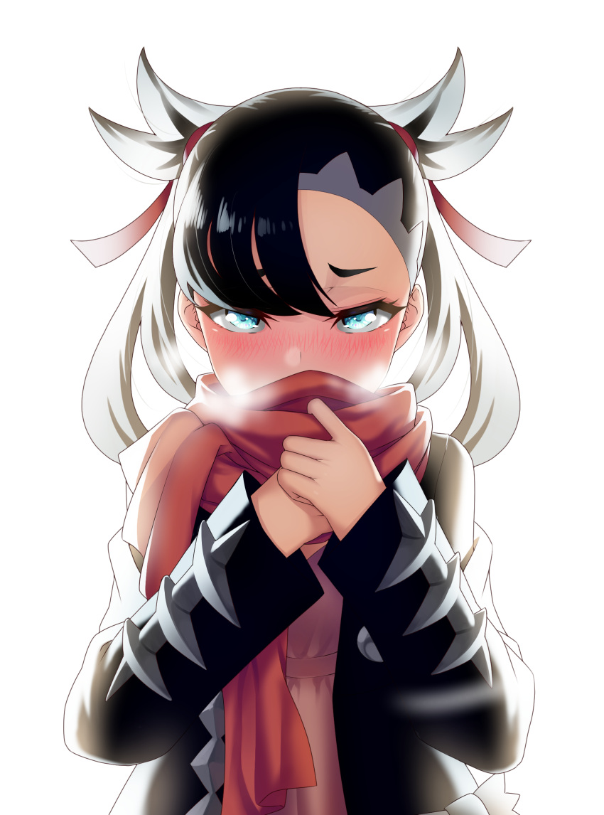1girl, asymmetrical_bangs, bangs, black_hair, black_jacket, blue_eyes, blush, cold
