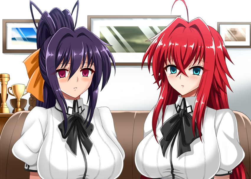 2girls, ahoge, black_neckwear, blue_eyes, blue_hair, blush, bow, bowtie, couch, empty_eyes, hellandheaven, high_school_dxd, highres, himejima_akeno, indoors, looking_at_viewer, multiple_girls, ponytail, puffy_short_sleeves, puffy_sleeves, redhead, rias_gremory, short_sleeves, trophy, upper_body, violet_eyes