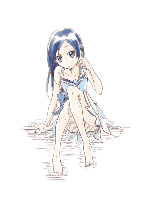 1girl, adapted_costume, arm_support, bangs, barefoot, blue_dress, blue_eyes, blue_hair