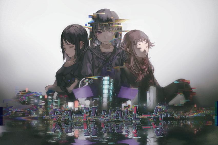 3girls, amputee, anna_graem, black_cat, cat, chinese_commentary, city, cityscape