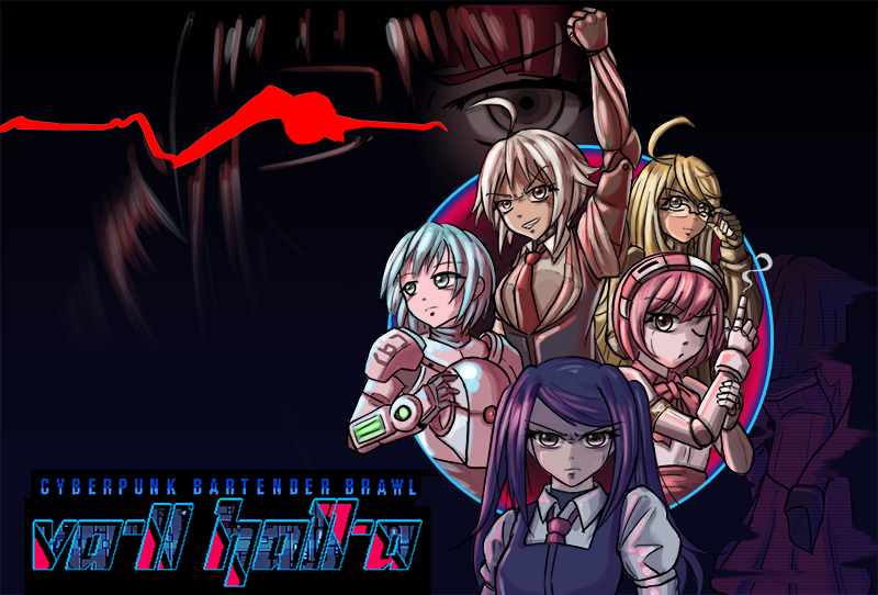 6+girls, ahoge, alma_armas, android, anna_graem, bartender, commentary_request, copyright_name