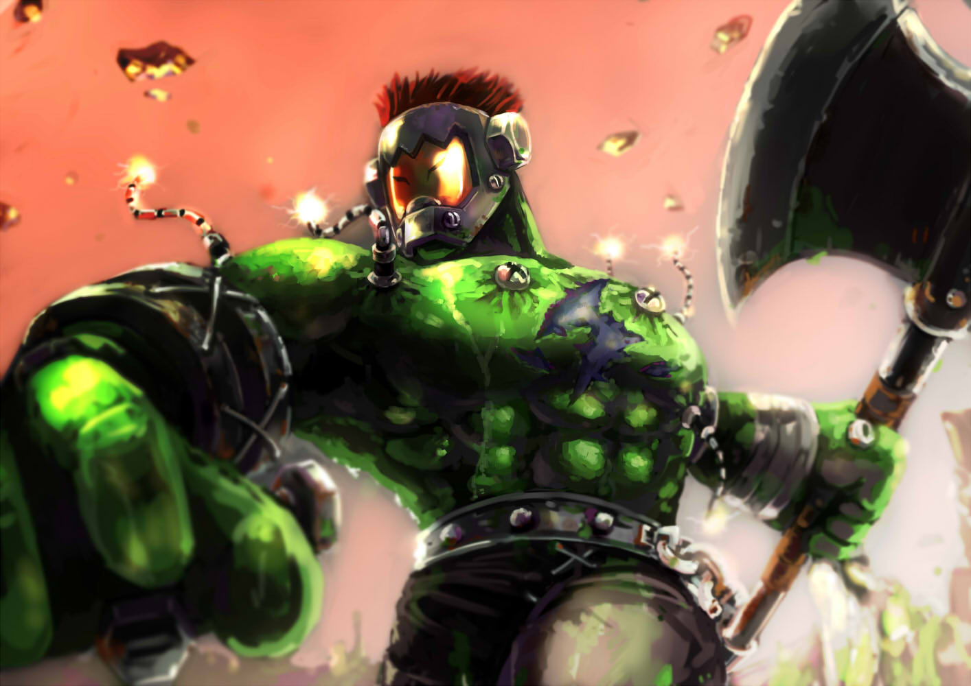 1boy, abs, axe, belt, boltmon, bracelet, digimon, electricity