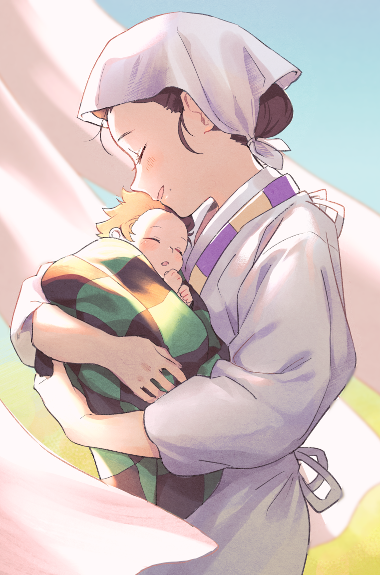 1boy, 1girl, baby, black_hair, blanket, blush, carrying, checkered