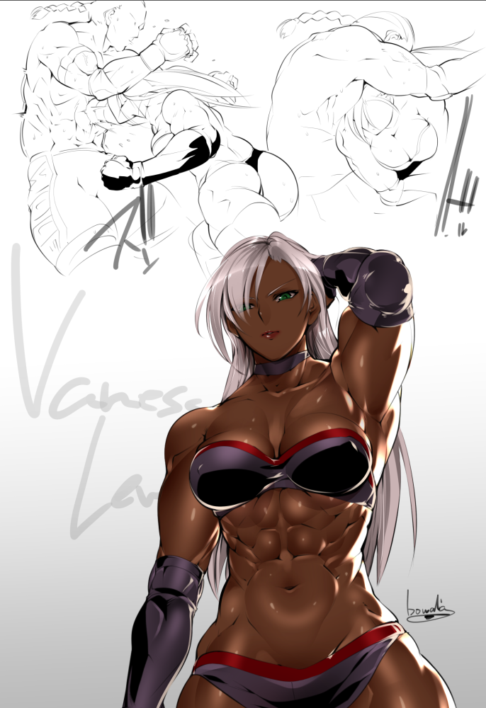 1girl, abs, bowalia, breasts, character_name, choker, dark_skin, elbow_gloves