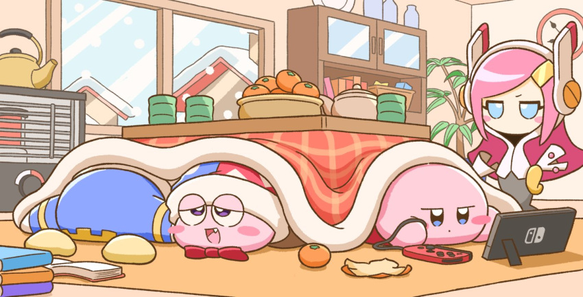 1girl, 3boys, blue_eyes, blush_stickers, bonziri_1658, book, clock, commentary, cup, day, face_down, food, fruit, hands_on_hips, heater, indoors, kettle, kirby, kirby_(series), kotatsu, looking_at_another, magolor, mandarin_orange, marx_(kirby), multiple_boys, nintendo_switch, on_floor, open_book, pink_hair, plant, potted_plant, sleeping, sleepy, snow, snowing, standing, susie_(kirby), symbol_commentary, table, under_kotatsu, under_table, wall_clock, window, yunomi