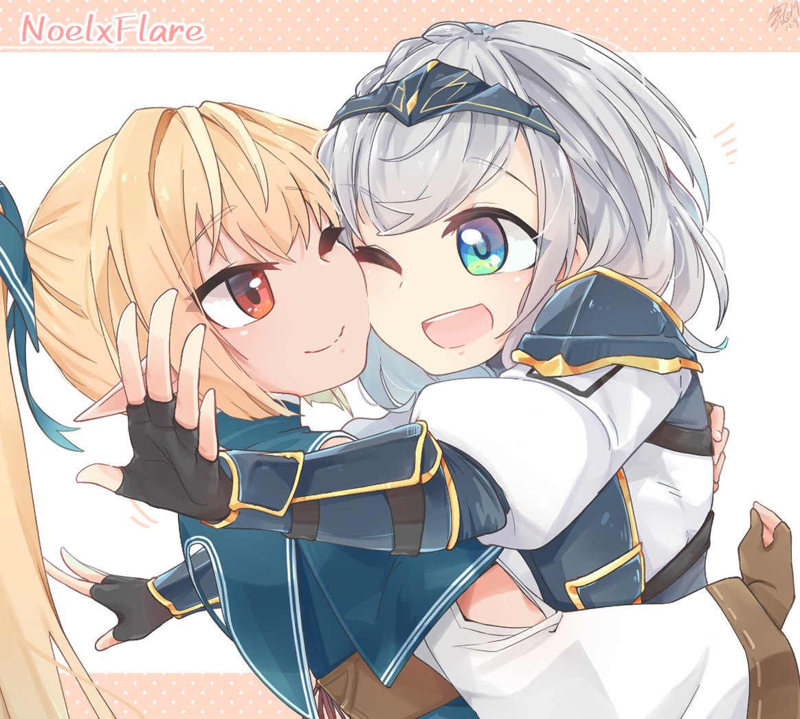 2girls, bangs, black_gloves, blonde_hair, blue_bow, blush, bow, braid