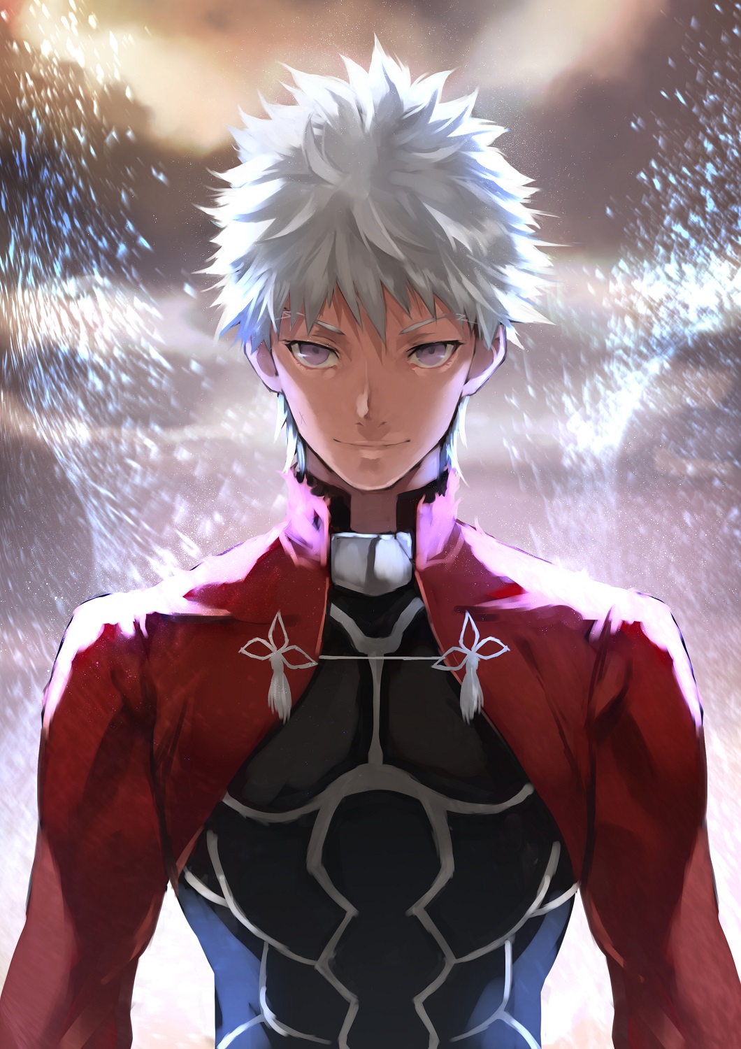 1boy, 55level, archer, brown_sky, closed_mouth, clouds, cloudy_sky, dark_skin