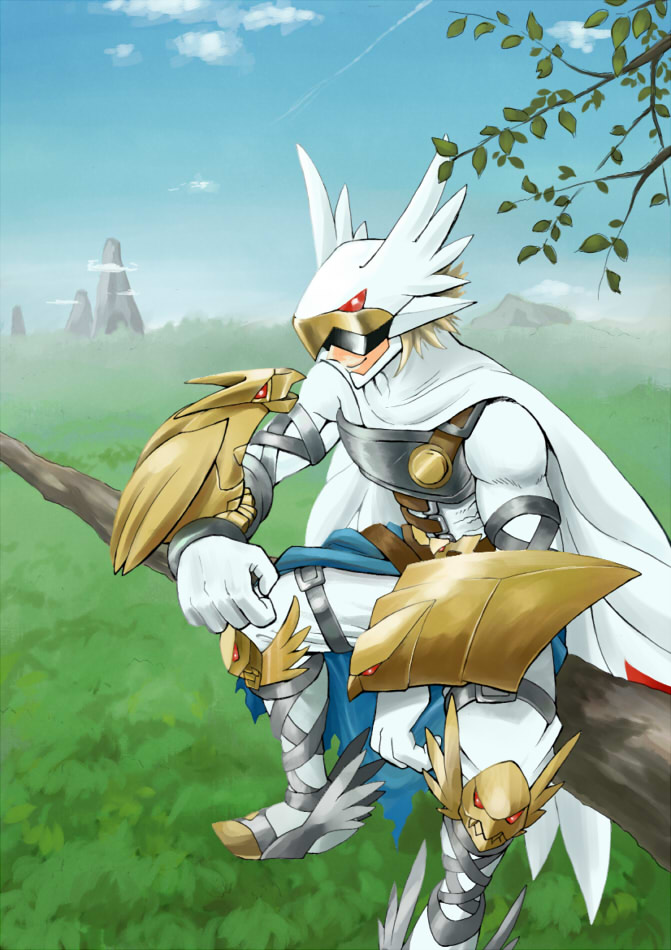 1boy, armor, belt, bird, boots, bttfghn, cape, digimon