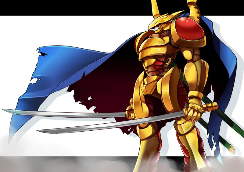 armor, armored_boots, boots, cape, digimon, gloves, grademon, hawe_king, helmet, no_humans, red_eyes, solo, sword, torn_clothes, weapon, white_background