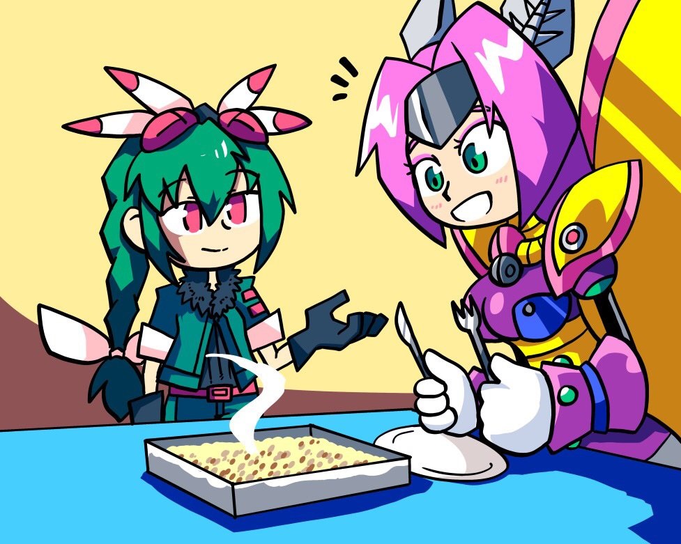 2girls, braid, braided_ponytail, casserole, excited, face-to-face, fork, fur_collar, gloves, goggles, goggles_on_head, green_eyes, green_hair, hair_ornament, insect_girl, jacket, knife, long_hair, mecha_musume, messy_hair, metamor_mothmenos, moth_ears, moth_girl, moth_wings, multiple_girls, open_mouth, personification, pokemon, pokemon_(creature), purple_hair, red_eyes, respirator, rockman, rockman_x, setz, smile, smirk, table, wings, yanmega