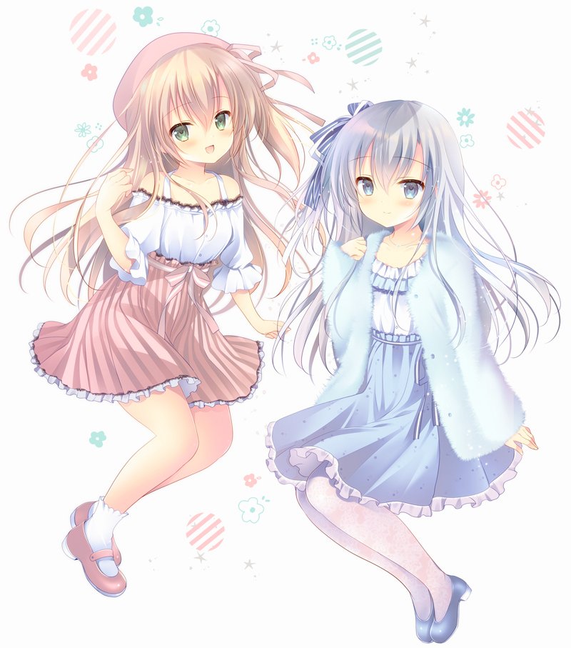 2girls, :d, beret, blue_bow, blue_eyes, blue_footwear, blue_jacket, blue_skirt