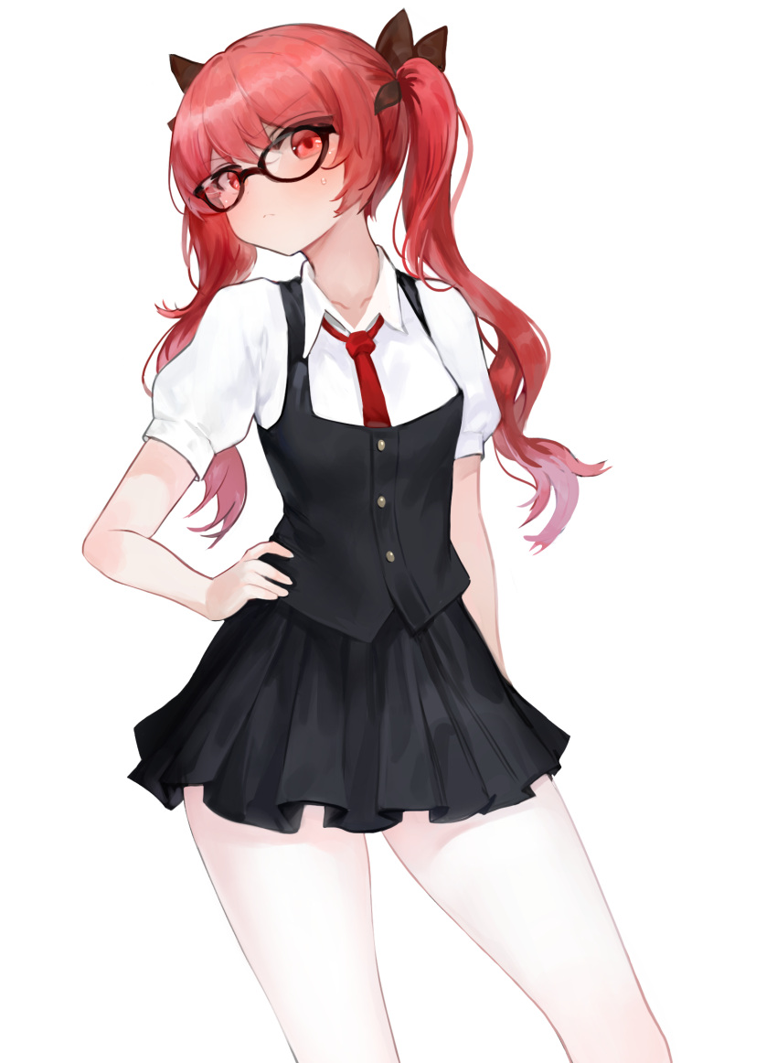 1girl, bangs, black-framed_eyewear, black_ribbon, black_skirt, black_vest, blush, breasts