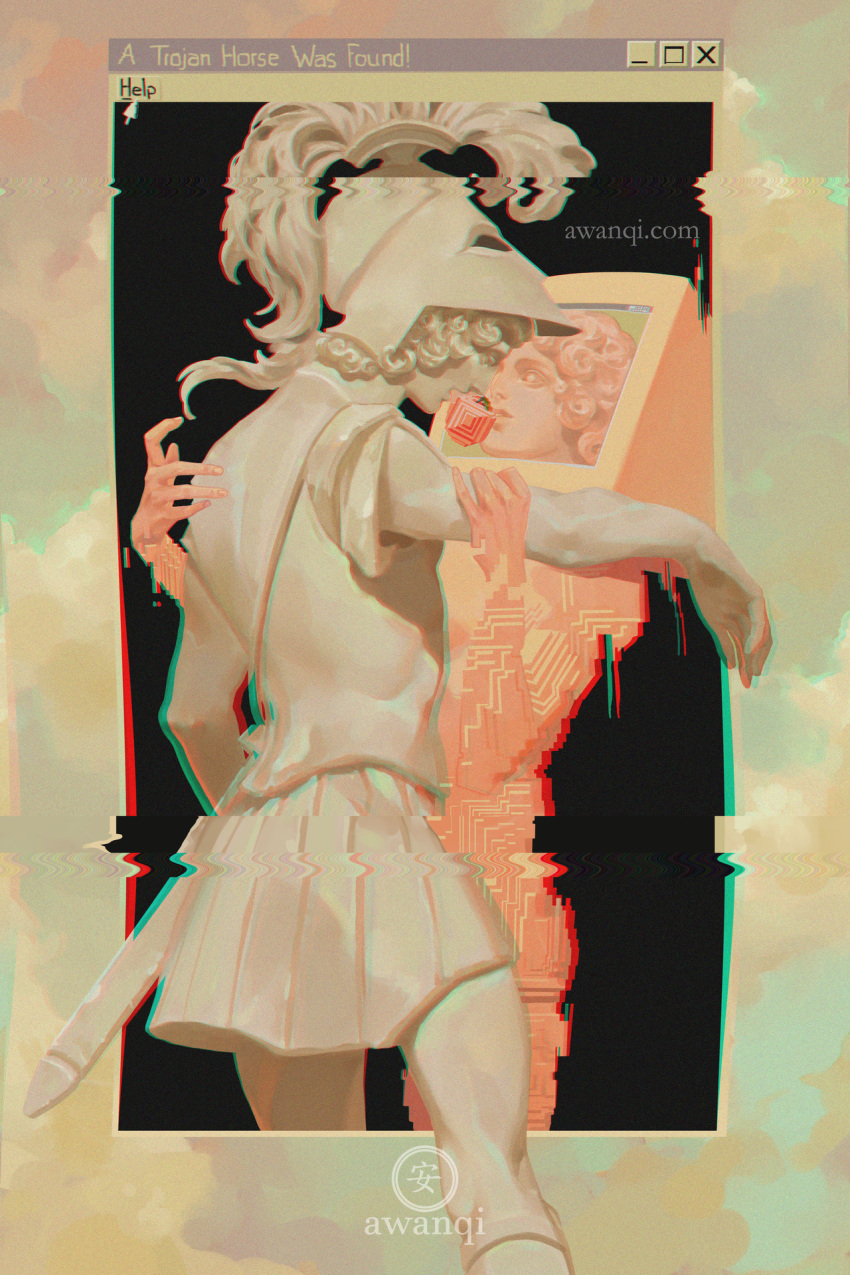 2boys, artist_name, awanqi, chromatic_aberration, computer, cursor, distortion, english_text, glitch, helmet, highres, monitor, multiple_boys, original, soldier, trojan_horse, vaporwave, window_(computing)