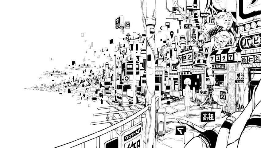 1girl, cable, clouds, english_text, gotham, greyscale, hebitsukai, highres