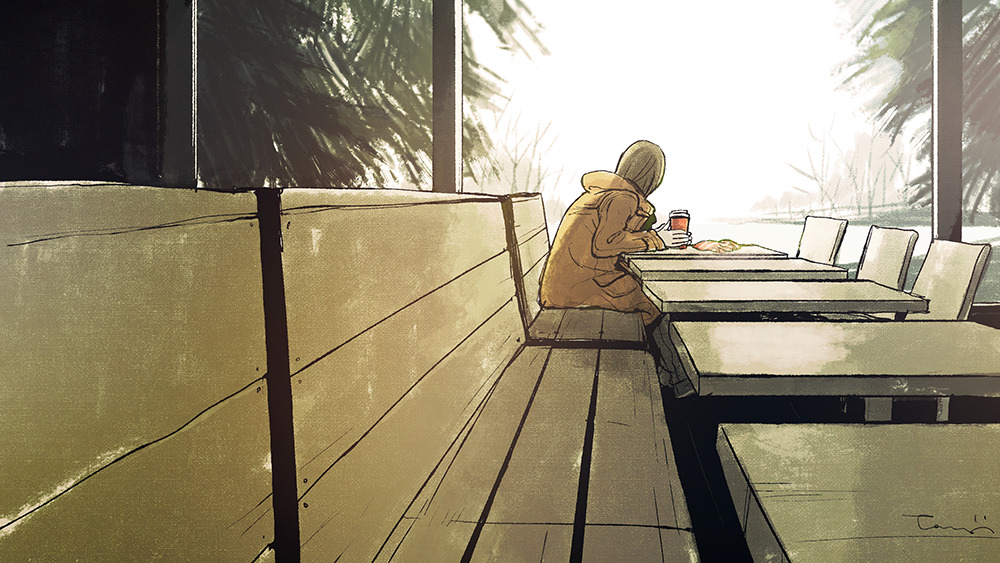 1girl, brown_hair, chair, drink, from_side, jacket, long_hair, long_sleeves