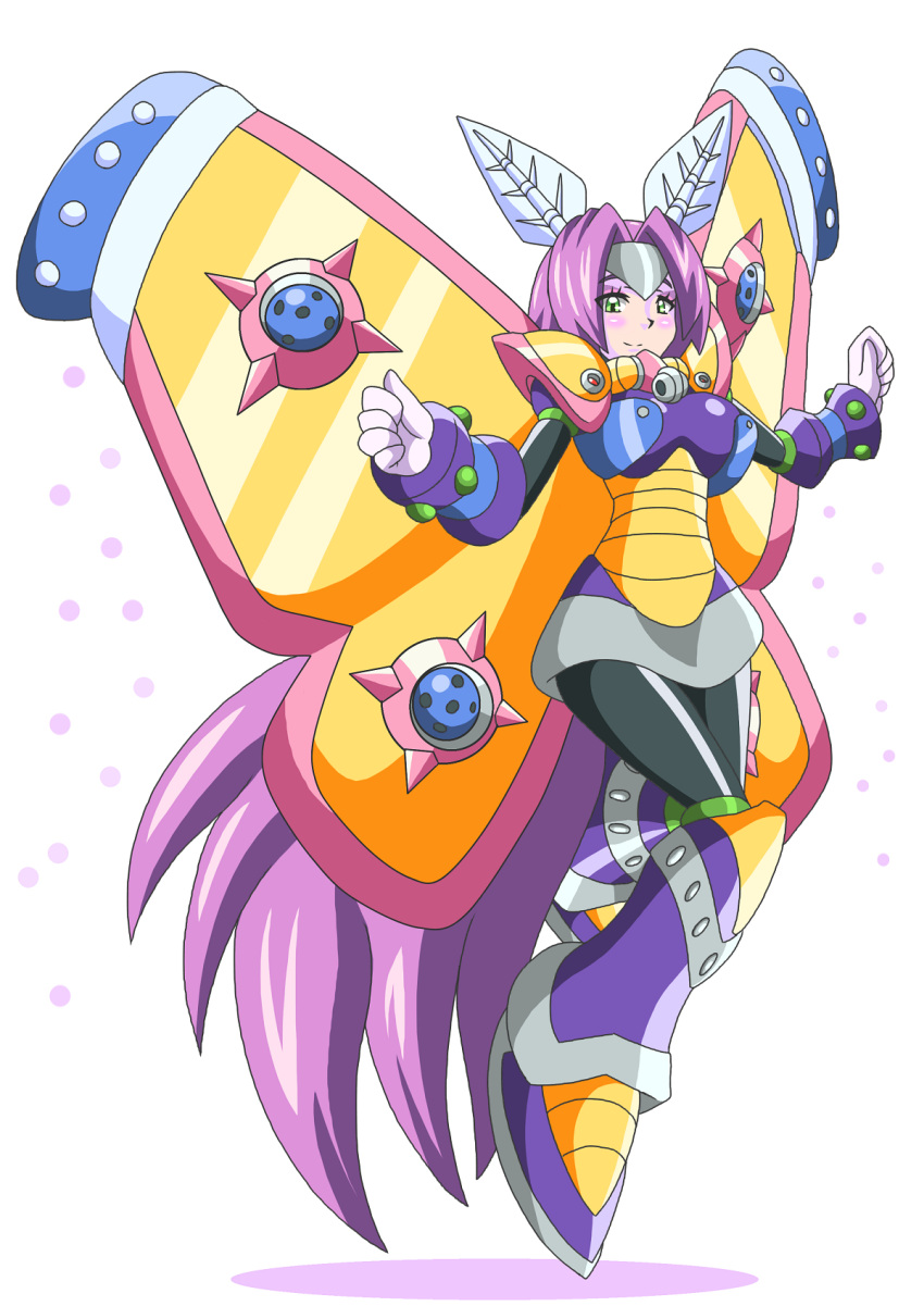 buti-yu, dress, genderswap, genderswap_(mtf), gloves, green_eyes, highres, insect_girl, jewelry, mecha_musume, metal_boots, metamor_mothmenos, moth_ears, moth_girl, moth_wings, necklace, personification, purple_hair, respirator, rockman, rockman_x, rockman_x2, smile, smirk, solo, wings
