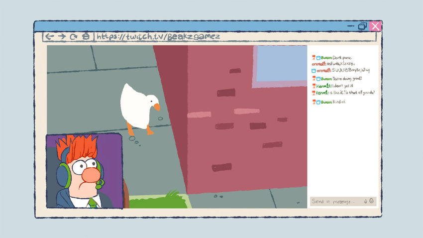 1boy, 1other, animal_(muppets), beaker_(muppets), bird, brick_wall, bunsen_honeydew, chat_log