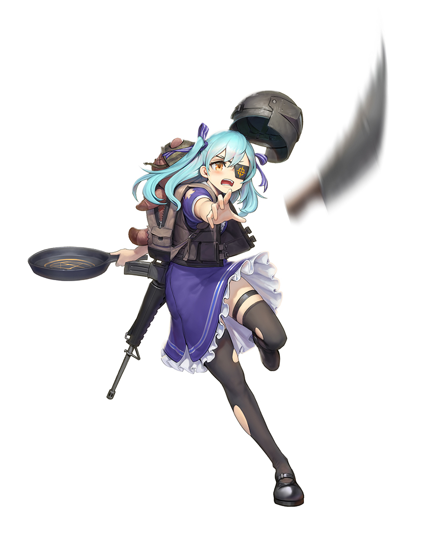 bangs, black_eyepatch, black_legwear, blue_dress, blue_eyes, commentary, dress, explosion