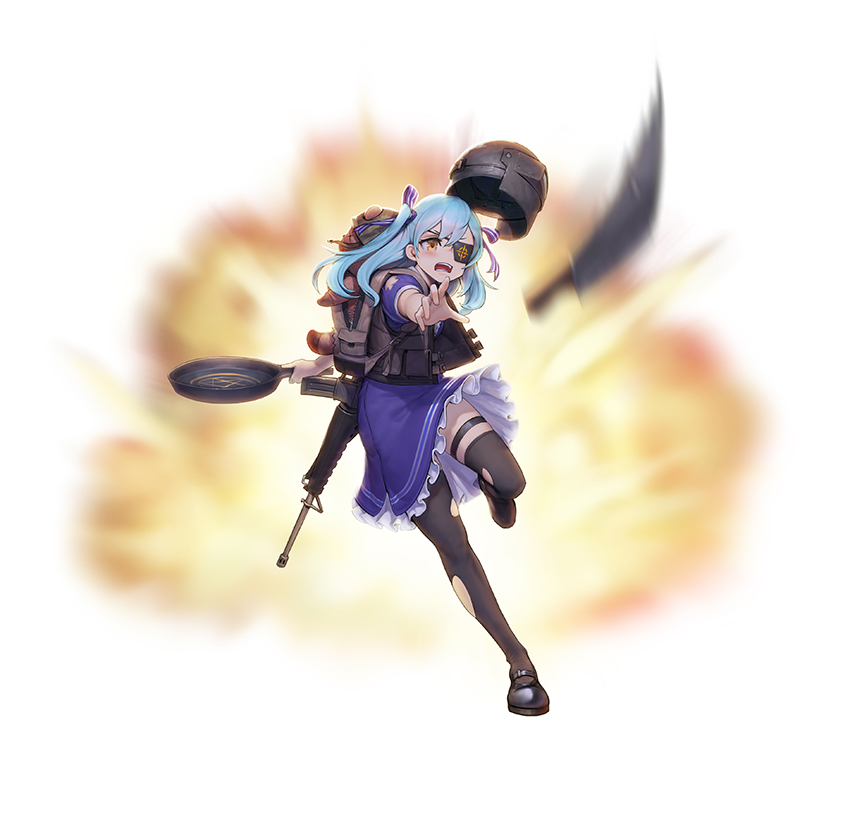 bangs, black_eyepatch, black_legwear, blue_dress, blue_eyes, dress, explosion, frying_pan