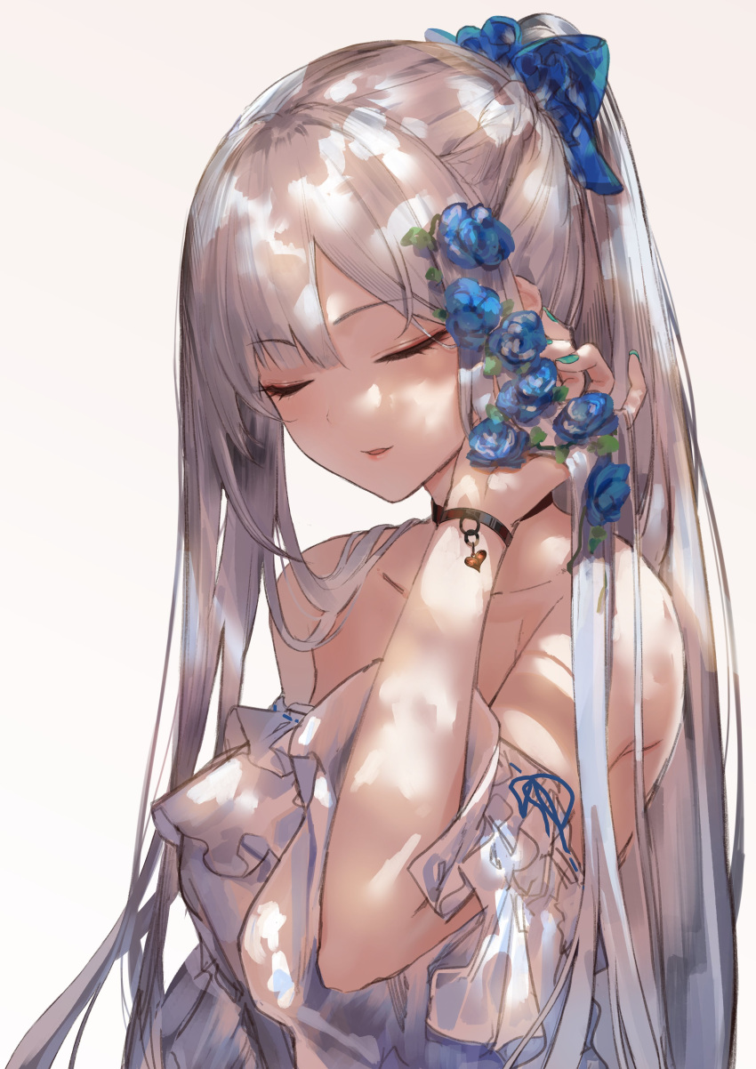 1girl, absurdres, ak-12_(girls_frontline), alternate_costume, blue_flower, bracelet, closed_eyes, dress