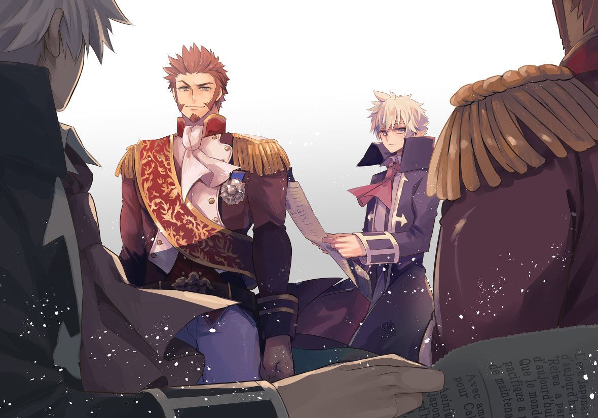 bangs, blue_eyes, brown_hair, charles_henri_sanson_(fate/grand_order), epaulettes, eyebrows_visible_through_hair, facial_hair, fate/grand_order