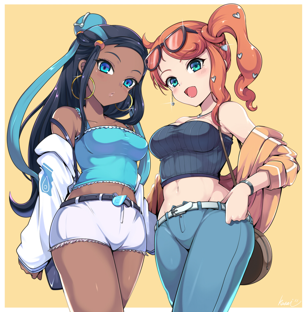 2girls, :d, ahoge, alternate_costume, aqua_eyes, bag, bangs, bare_shoulders