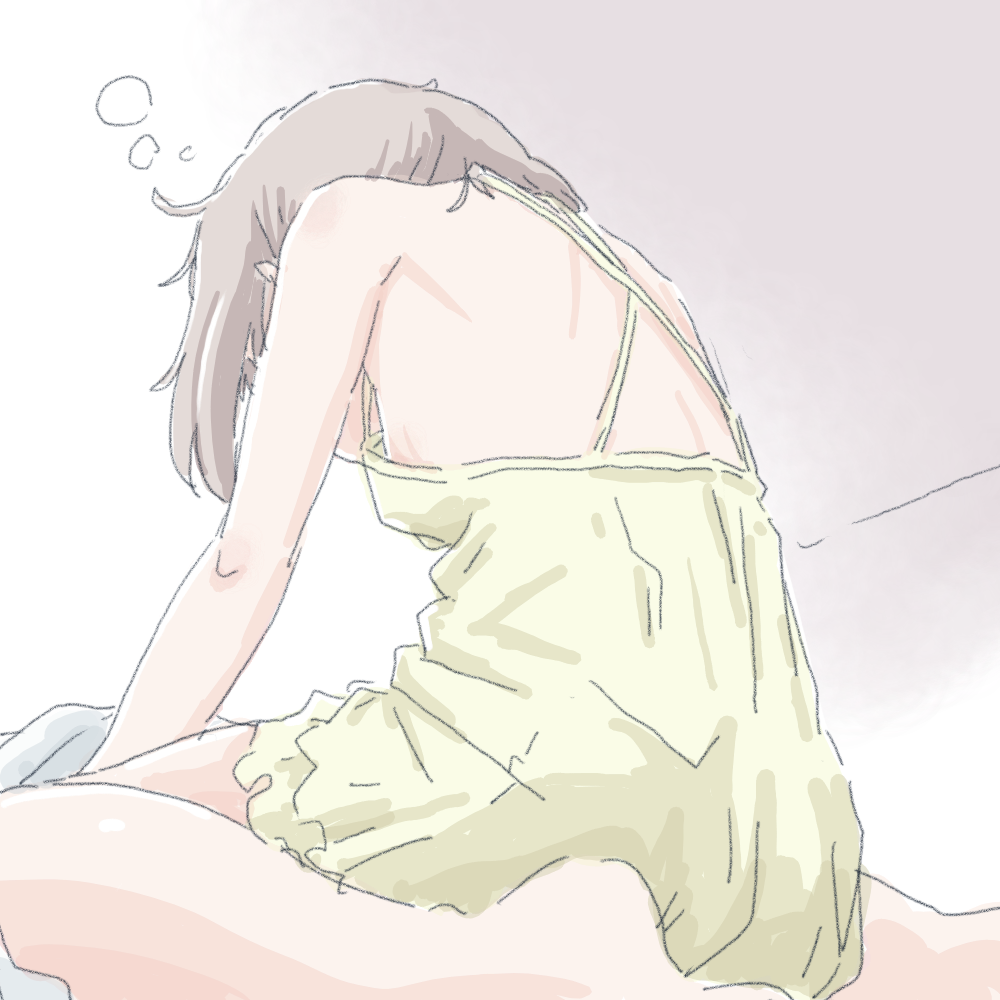 1girl, bare_legs, bare_shoulders, barefoot, breasts, commentary_request, from_behind, from_below, grey_hair, nightgown, short_hair, shoulder_blades, sideboob, sitting, sleepy, sleeveless, small_breasts, solo, wariza, yama_no_susume, yougiri, yukimura_aoi