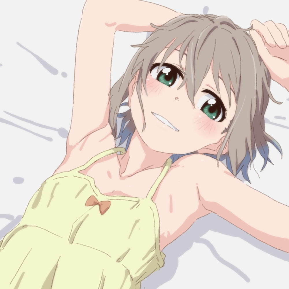 1girl, armpits, bare_shoulders, bed_sheet, close-up, collarbone, commentary_request, flat_chest
