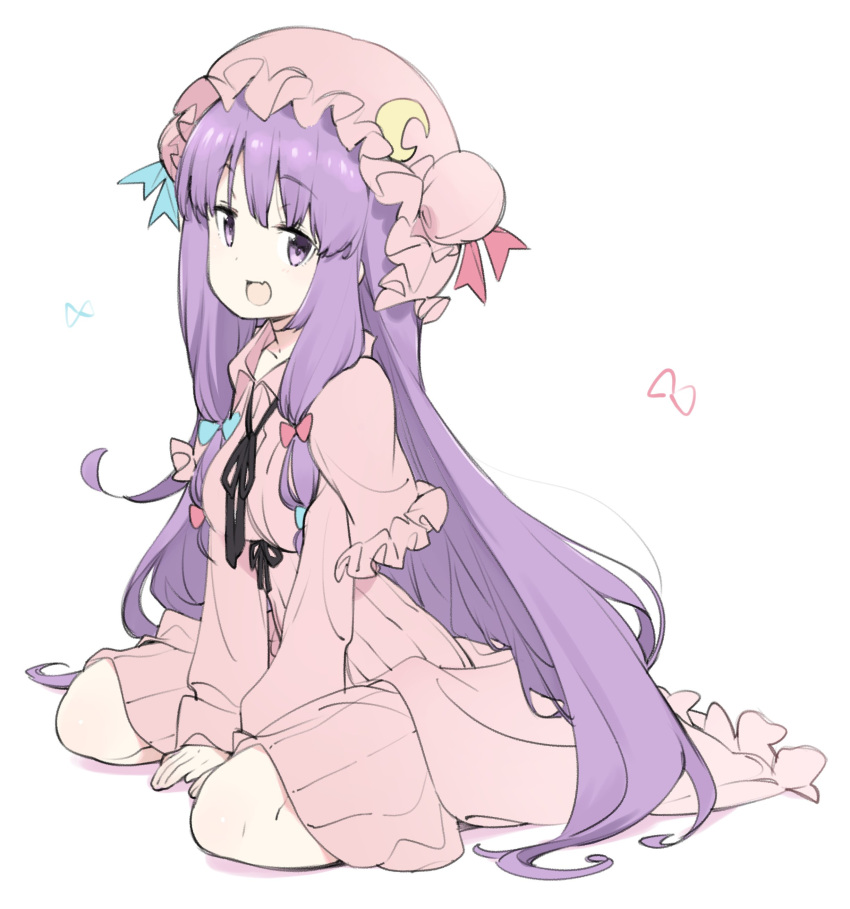 1girl, absurdres, blue_bow, blue_ribbon, bow, crescent, crescent_hair_ornament, dress, frilled_dress, frilled_sleeves, frills, hair_bow, hair_ornament, hat, hat_ribbon, highres, kt_kkz, long_hair, looking_at_viewer, mob_cap, pajamas, patchouli_knowledge, purple_hair, red_bow, red_ribbon, ribbon, simple_background, sitting, solo, touhou, very_long_hair, violet_eyes, white_background