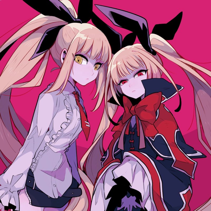 2girls, bangs, belt, blazblue, blazblue:_bloodedge_experience, blonde_hair, bloodedge_experience, bow