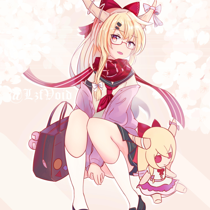 1girl, absurdres, alternate_costume, artist_name, bag, bangs, beige_background, bespectacled, black_footwear, black_sailor_collar, black_skirt, blonde_hair, bow, cardigan, character_doll, commentary_request, contemporary, eyebrows_visible_through_hair, fang, feet_out_of_frame, glasses, hair_bow, hair_ornament, hairclip, highres, horn_bow, horns, ibuki_suika, kneehighs, loafers, long_hair, long_sleeves, looking_at_viewer, lzfvoid, miniskirt, neckerchief, off_shoulder, oni, oni_horns, open_cardigan, open_clothes, open_mouth, own_hands_together, pink_cardigan, pleated_skirt, red-framed_eyewear, red_bow, red_eyes, red_neckwear, red_scarf, sailor_collar, scarf, school_bag, school_uniform, serafuku, shoes, sitting, skin_fang, skirt, solo, touhou, white_bow, white_legwear