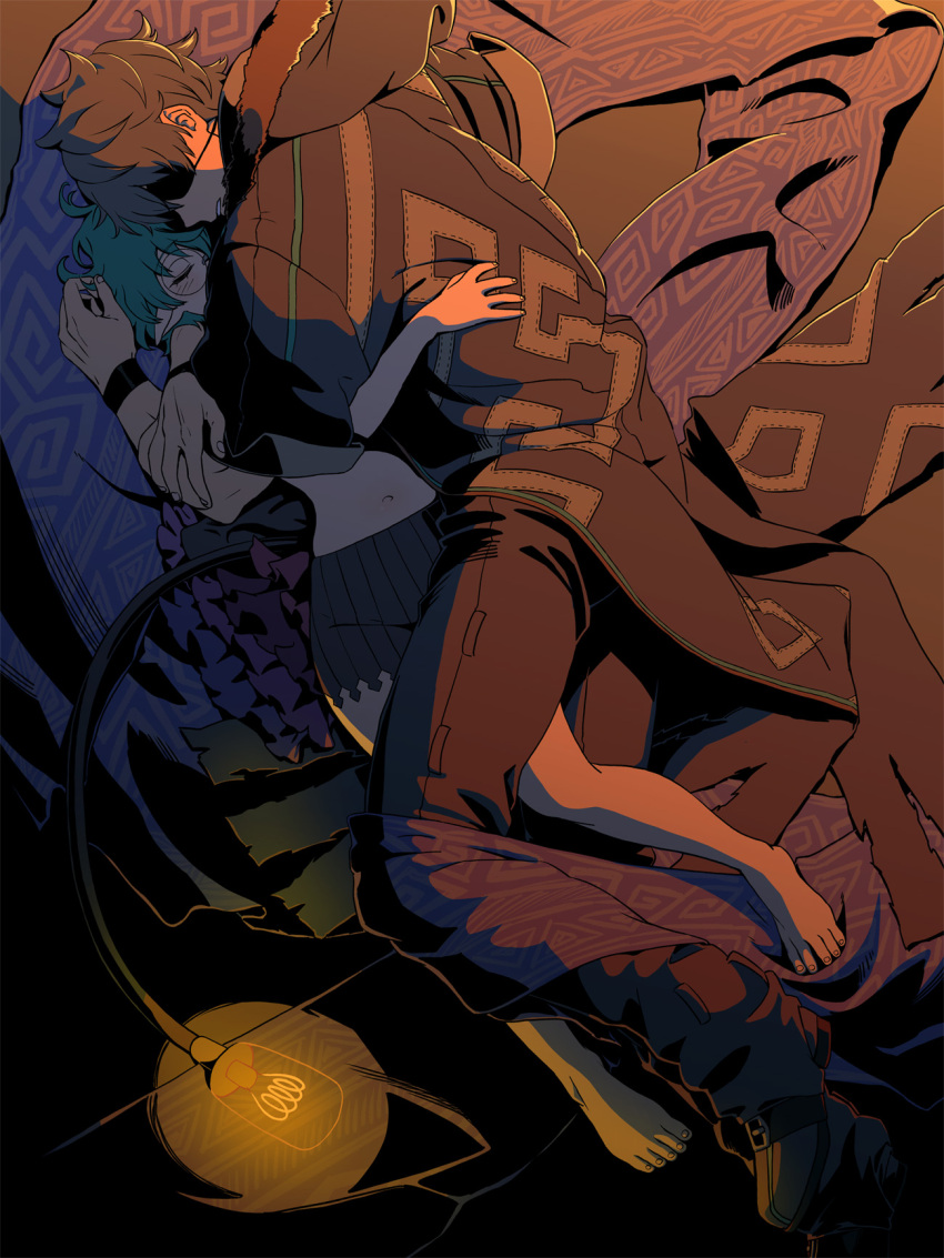 1boy, 1girl, barefoot, blush, eyepatch, feet, glasses, green_hair