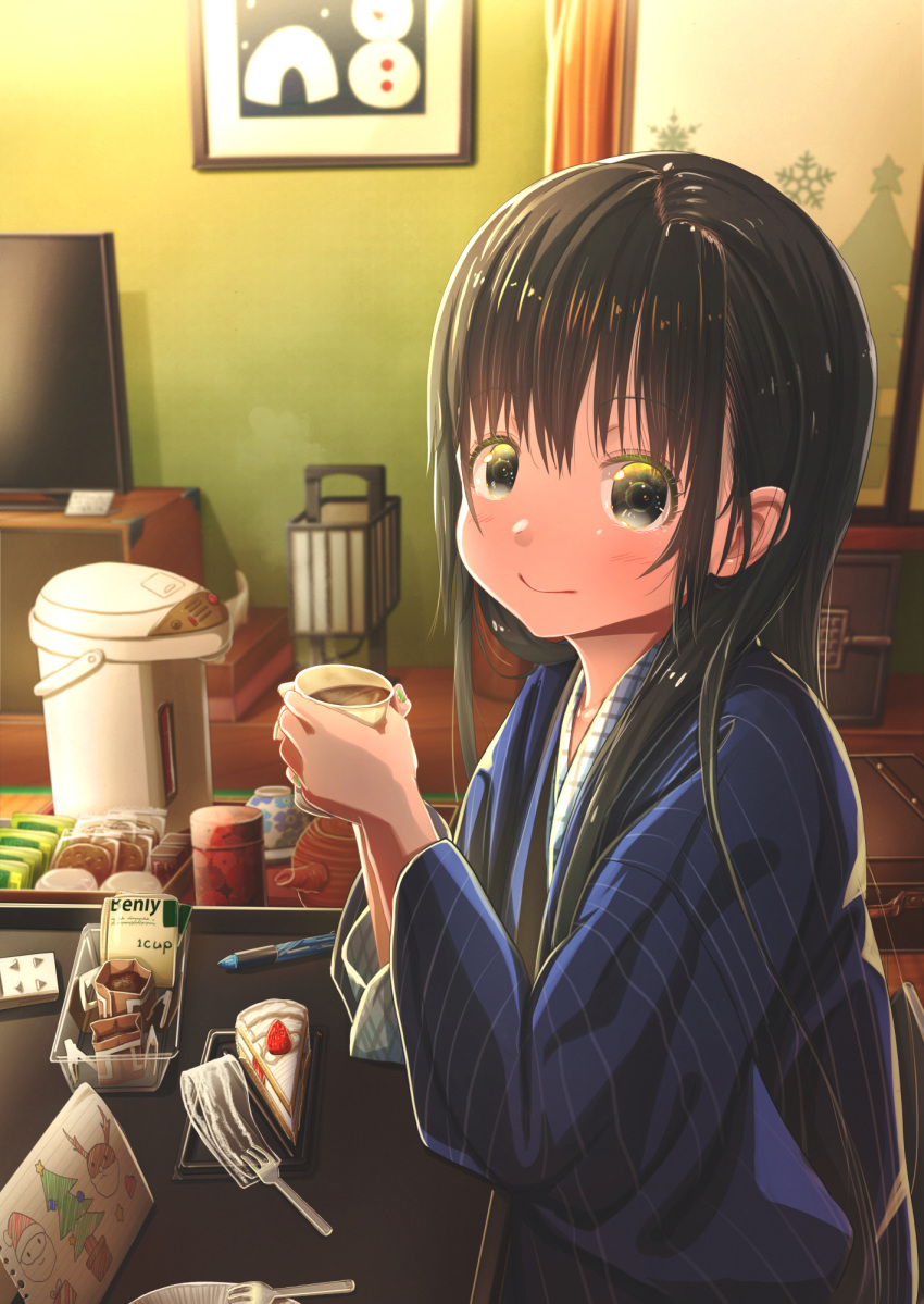 1girl, abo_(kawatasyunnnosukesabu), bangs, black_eyes, black_hair, blue_kimono, christmas, coffee