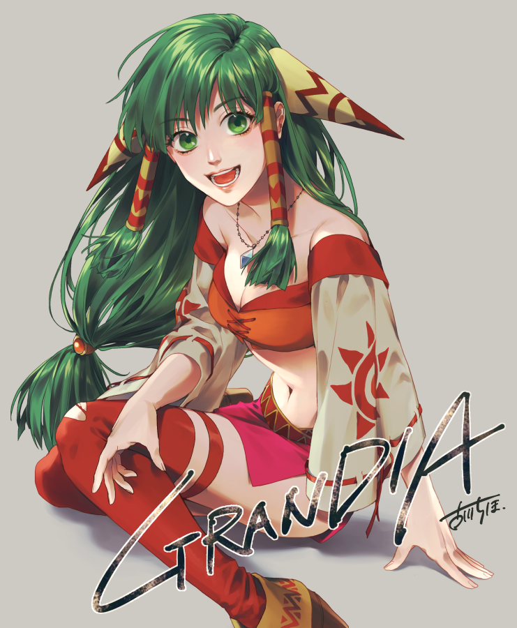1girl, feena_(grandia), grandia, grandia_i, green_eyes, hair_ornament, hair_tubes, long_hair