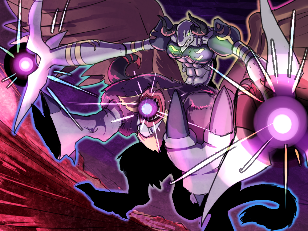 abs, armor, demon, demon_horns, digimon, digimon_tamers, fangs, feathered_wings, glowing, glowing_eyes, green_eyes, gulfmon, hawe_king, horns, no_humans, open_mouth, solo, teeth, wings
