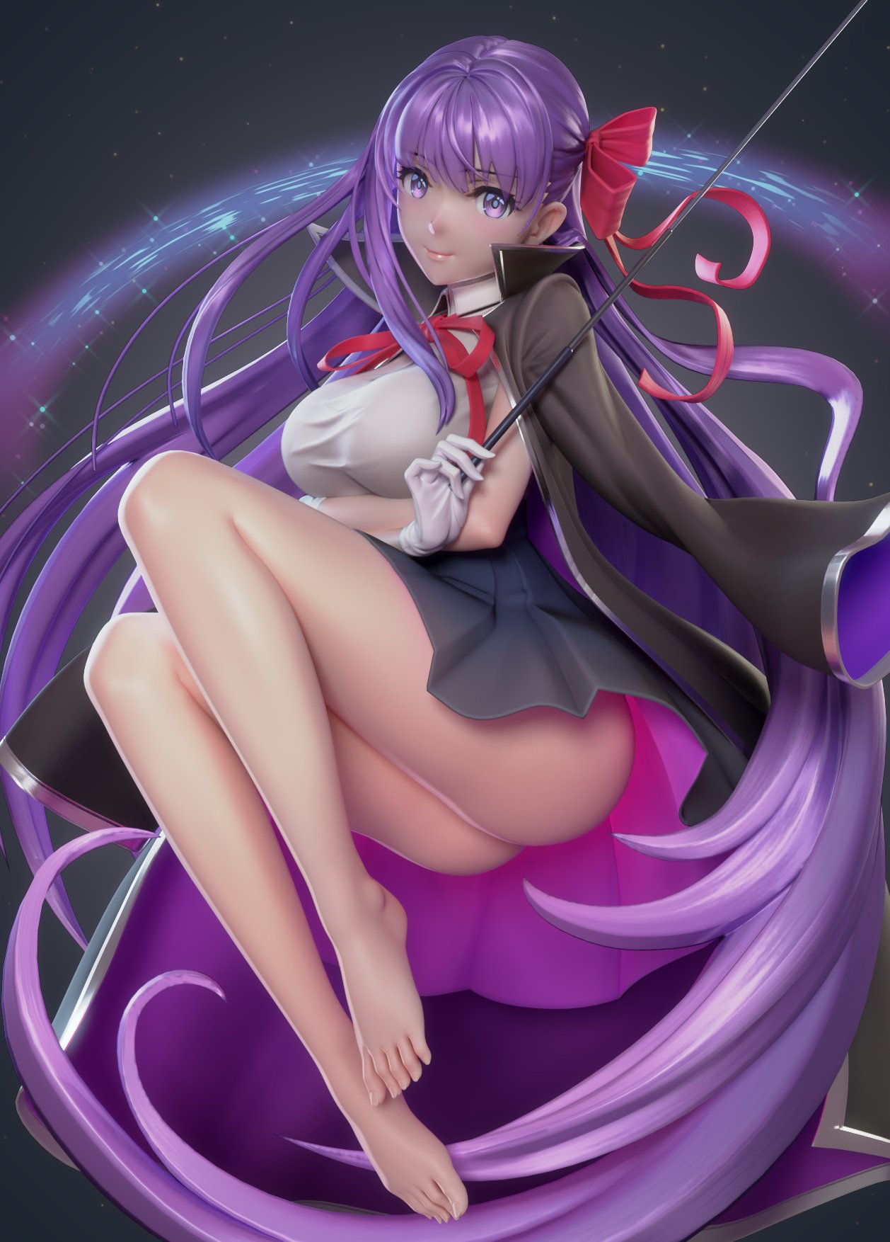 1girl, 3d, ass, barefoot, bb_(fate)_(all), blush, breasts, collared_leotard, crossed_arms, eyebrows_visible_through_hair, fate/grand_order, fate_(series), floating, gloves, hair_ribbon, high_collar, highres, holding, holding_wand, large_breasts, leotard, lips, long_coat, long_hair, looking_at_viewer, navy_blue_skirt, pleated_skirt, purple_hair, red_ribbon, ribbon, skirt, smile, solo, sparkle, sparkle_background, thick_thighs, thighs, toes, ucupumar, very_long_hair, violet_eyes, wand, white_gloves, white_leotard