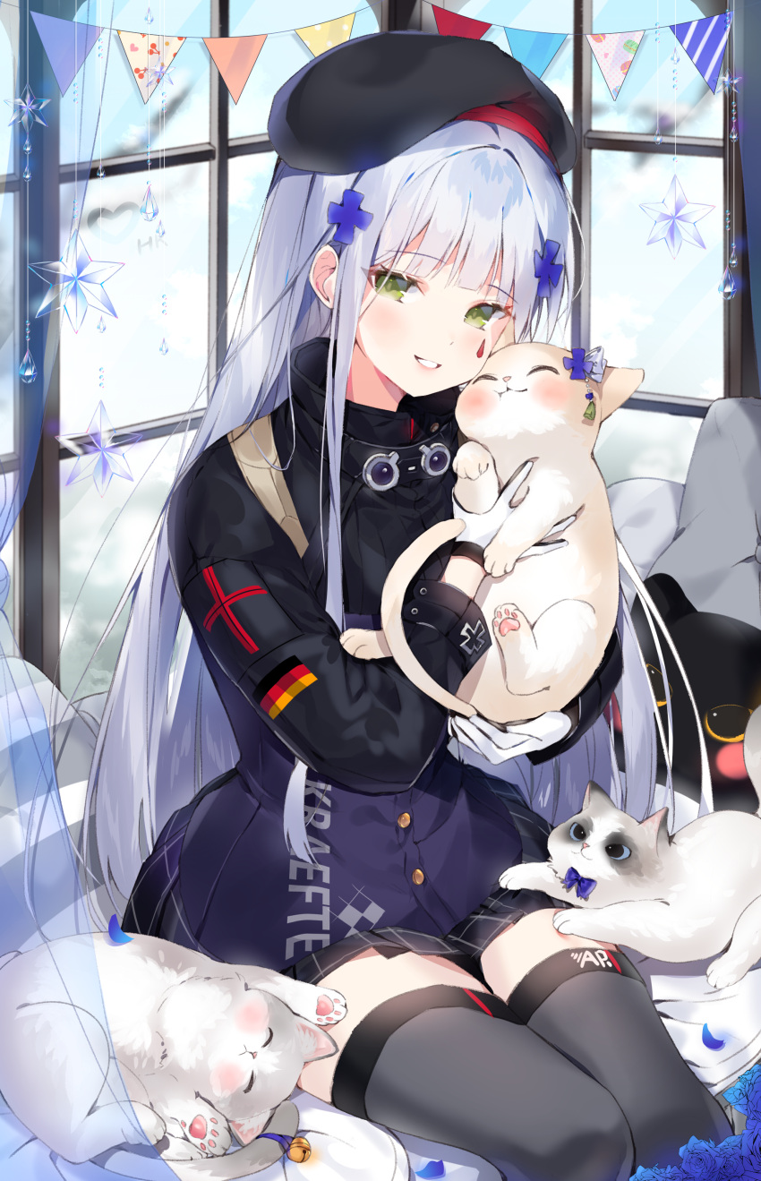 1girl, absurdres, cat, cho_yeon26, flower, girls_frontline, gloves, green_eyes