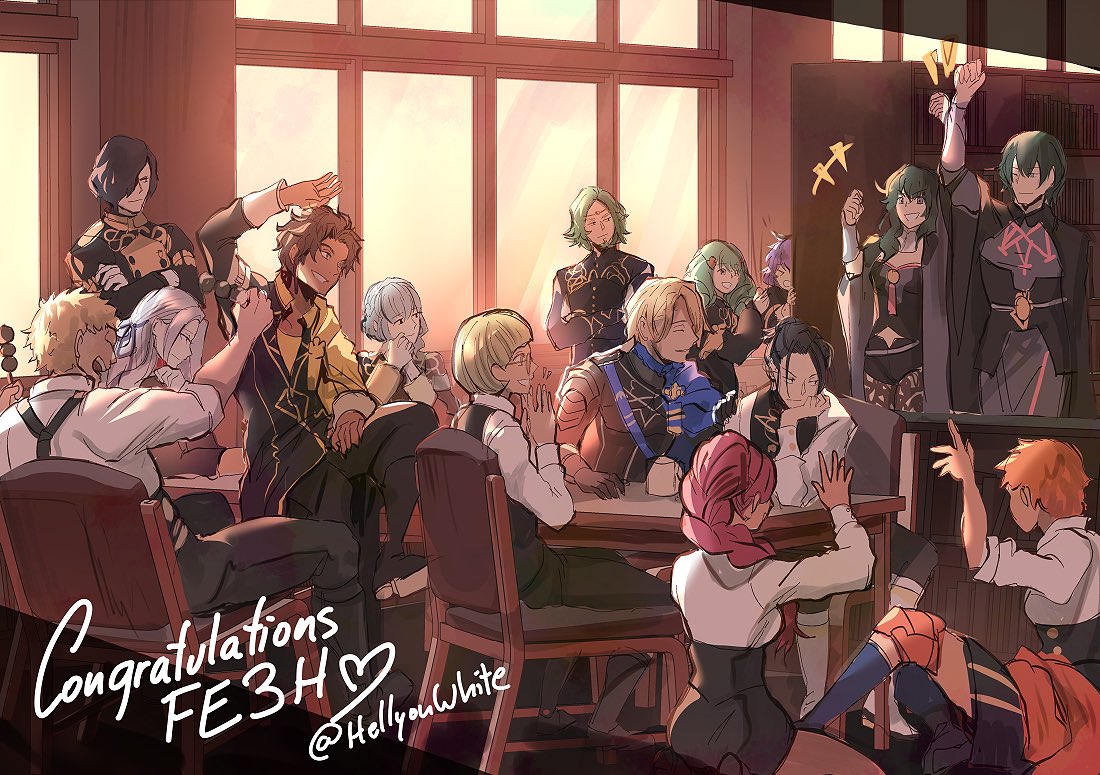 6+boys, 6+girls, bernadetta_von_varley, byleth_(fire_emblem), byleth_eisner_(female), byleth_eisner_(male), chair, cheering