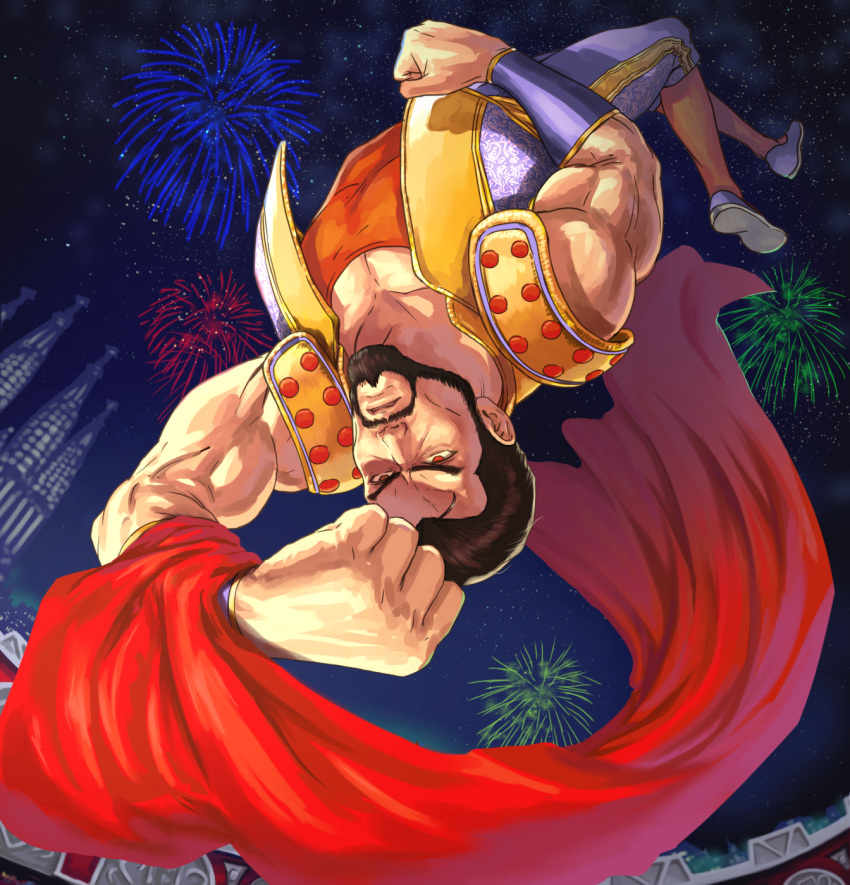 1boy, beard, black_hair, bracelet, facial_hair, fatal_fury, fireworks, highres