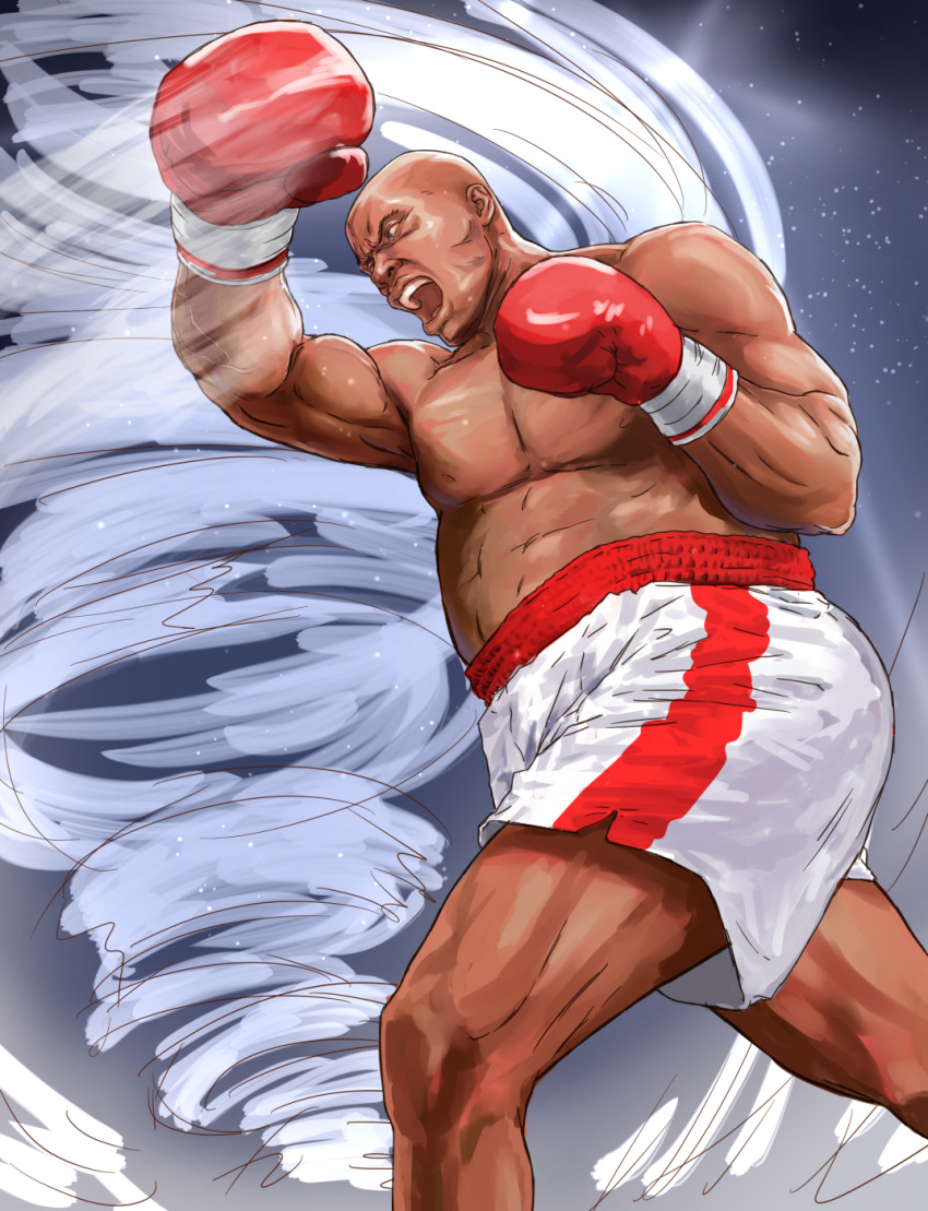 1boy, abs, axel_hawk, bald, boxing_gloves, dark_skin, fatal_fury, highres