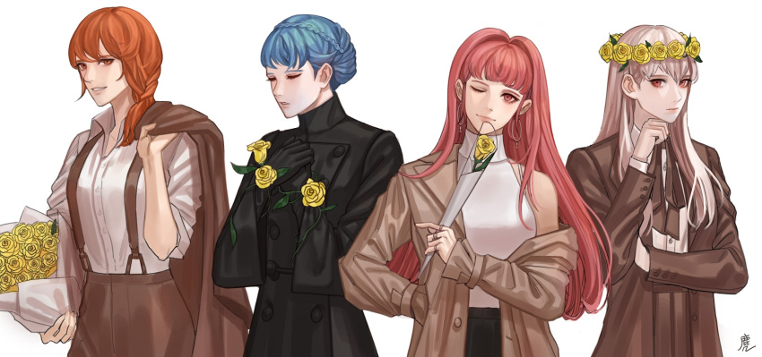 4girls, alternate_costume, blue_hair, braid, closed_eyes, closed_mouth, crown_braid, earrings
