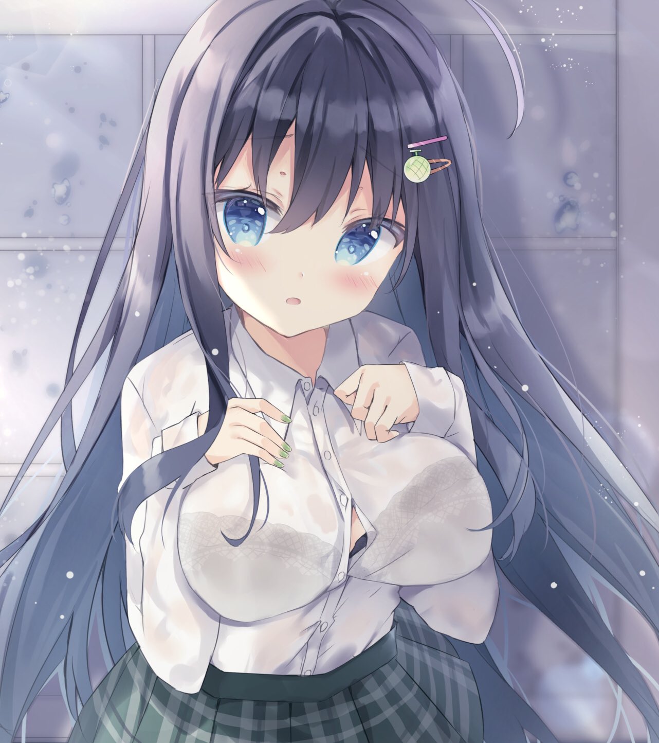 1girl, ahoge, bangs, black_bra, black_hair, black_skirt, blue_eyes, blush