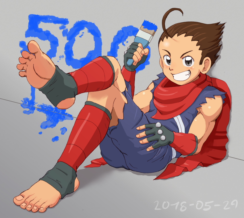 1boy, ahoge, barefoot, barefoot_sandals, black_eyes, brown_eyes, fatal_fury, fingerless_gloves, fusaru, gloves, grey_background, highres, hokutomaru, male_focus, nib_pen_(medium), paintbrush, scarf, sitting, solo, teeth, traditional_media