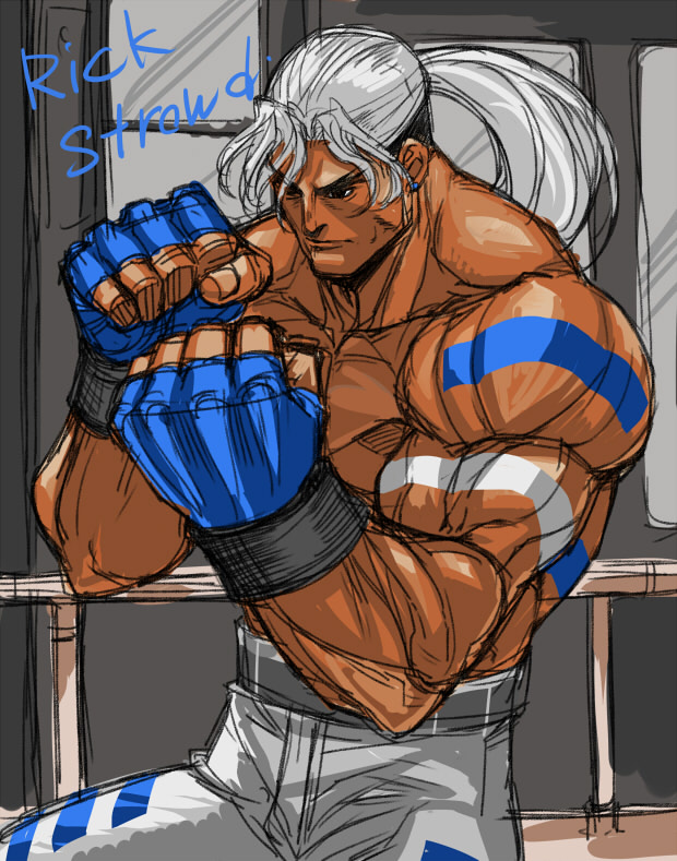 1boy, abs, brown_eyes, character_name, dark_skin, earrings, fatal_fury, fingerless_gloves, gloves, grey_hair, jewelry, ponytail, rick_strowd, shirtless, solo, tattoo, tetsu_(kimuchi)