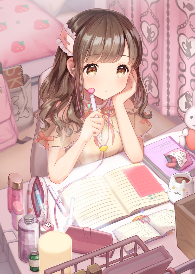 1girl, animal_print, backpack, bag, bangs, bare_shoulders, bed, bedroom