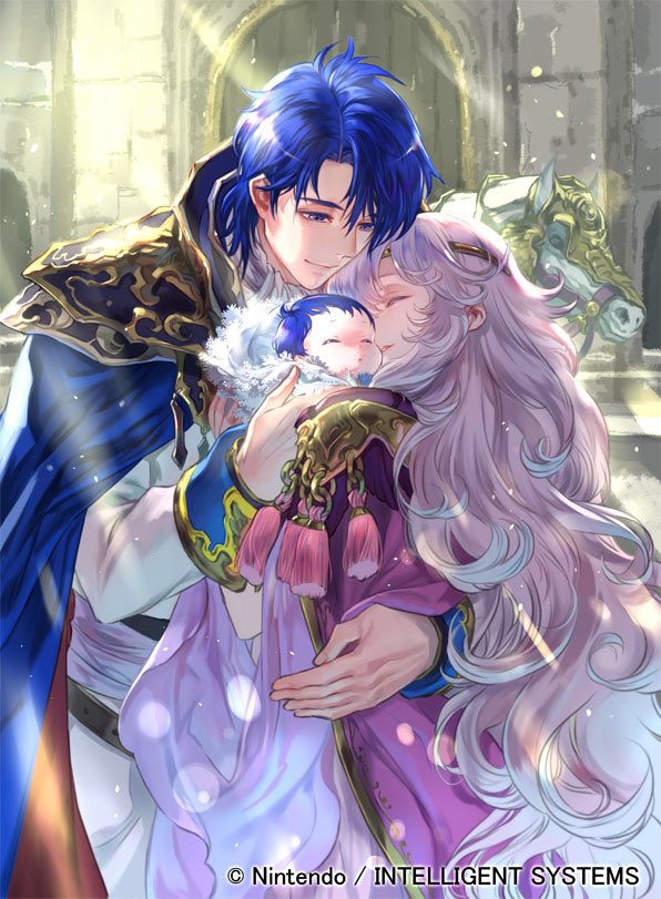 1girl, 2boys, baby, blue_eyes, blue_hair, cape, closed_eyes, closed_mouth, company_name, copyright_name, deirdre_(fire_emblem), dress, father_and_son, fire_emblem, fire_emblem:_genealogy_of_the_holy_war, fire_emblem_cipher, holding, horse, husband_and_wife, long_hair, long_sleeves, mother_and_son, multiple_boys, official_art, purple_hair, seliph_(fire_emblem), short_hair, sigurd_(fire_emblem), smile, suzuki_rika