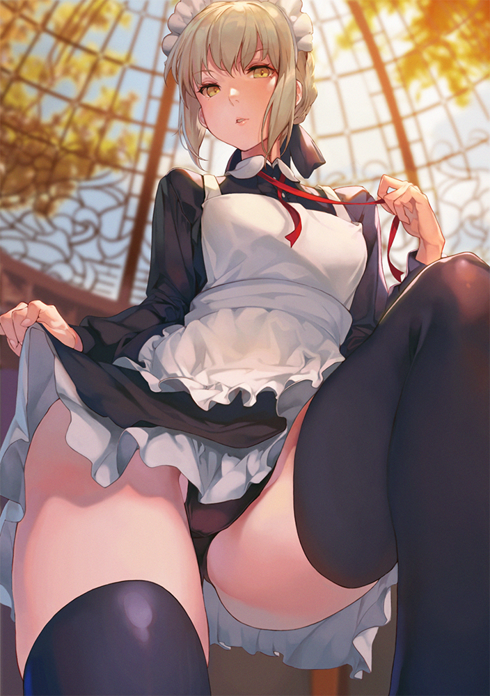 1girl, artoria_pendragon_(all), black_legwear, black_panties, blonde_hair, braid, dress, fate/grand_order