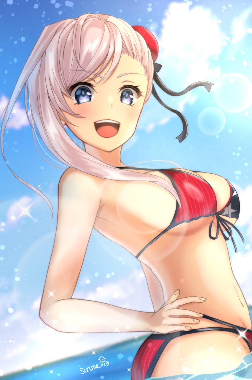 1girl, :d, asymmetrical_hair, bangs, bikini, black_ribbon, blue_eyes, breasts, fate/grand_order, fate_(series), hair_bun, hair_ribbon, hand_on_hip, highres, looking_at_viewer, luxunshangxiang, medium_breasts, miyamoto_musashi_(fate/grand_order), miyamoto_musashi_(swimsuit_berserker)_(fate), navel, open_mouth, print_bikini, red_bikini, ribbon, sideboob, silver_hair, smile, solo, star, star_print, striped, swept_bangs, swimsuit, under_boob, vertical-striped_bikini, vertical_stripes, wading