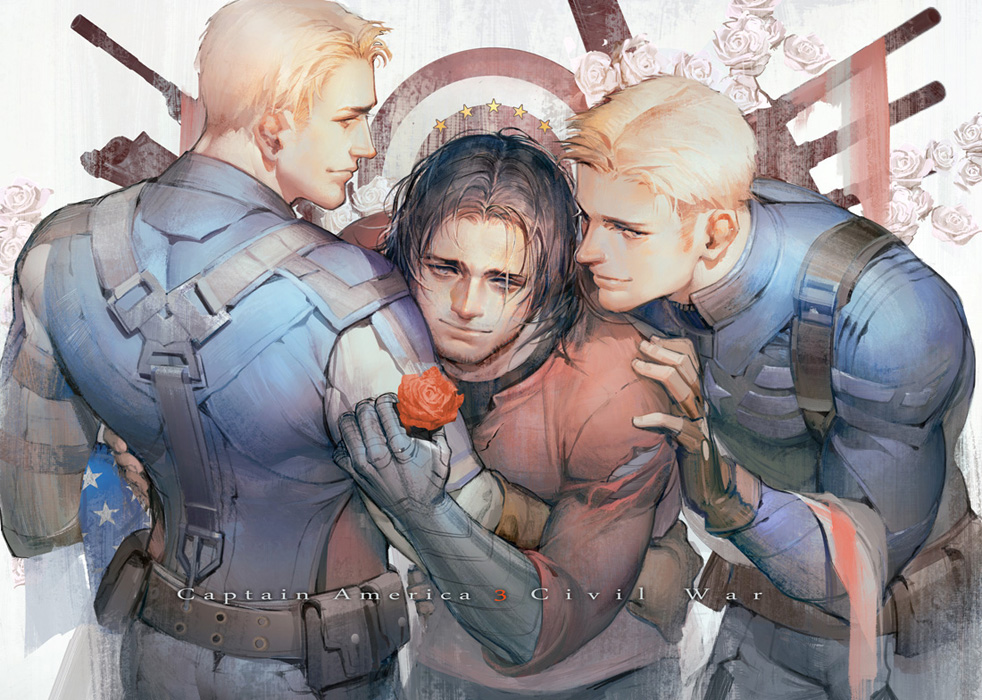 3boys, blonde_hair, brown_hair, captain_america, clone, dual_persona, flower, henley_shirt